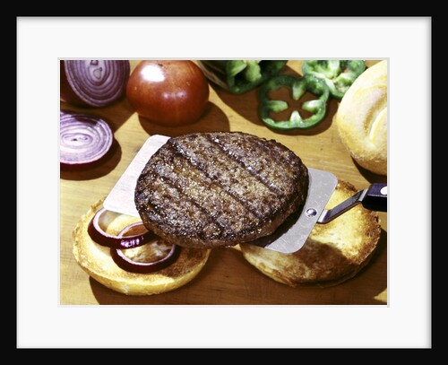 Hamburger beef patty, onion, tomatoes & peppers and rolls by Anonymous