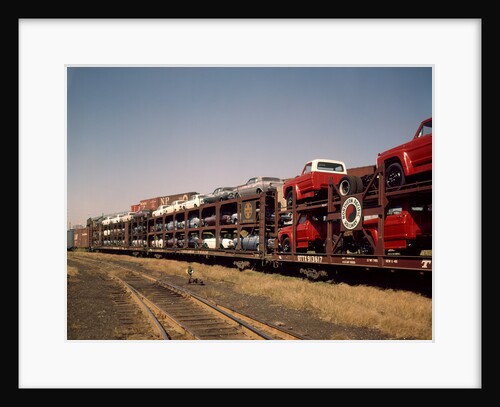 1960 1960s new cars & trucks transported on northern pacific railroad railway train transportation by Anonymous