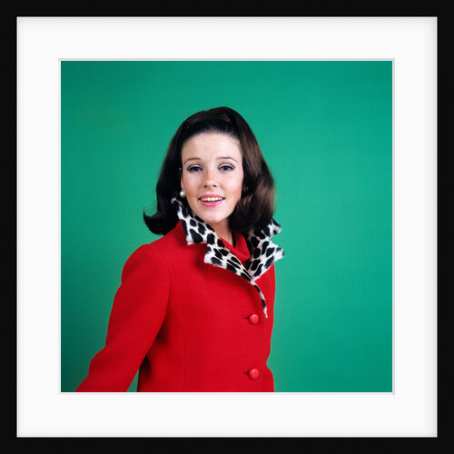 1960s smiling young woman brunette red coat leopard skin fur collar by Anonymous