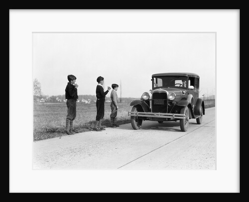 1930s 1920s man driving ford model a car 3 boys hitchhiking by Anonymous