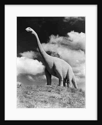 1950s statue of large extinct long neck gigantic brontosaurus on hilltop jurassic tourist attraction long neck gigantic south dakota usa by Anonymous