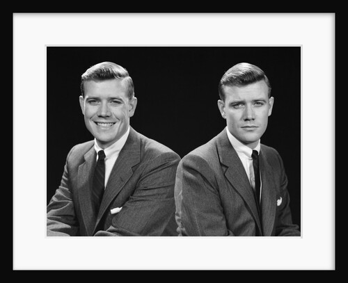 1950s double exposure of man with a smile and a frown wearing a suit by Anonymous