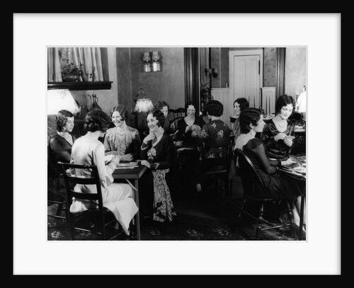 1930s groups of women seated at three tables at card party by Anonymous