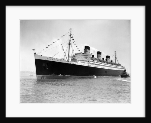 1930s 1936 maiden voyage of queen mary dwarfing small tugboat moving alongside it by Anonymous