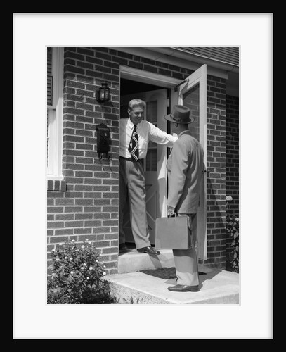 1950s salesman talking to man at front door by Anonymous