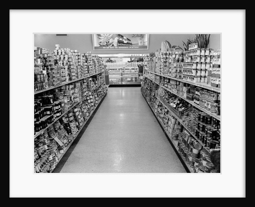 1950s grocery store aisle with canned goods on shelves to either side by Anonymous