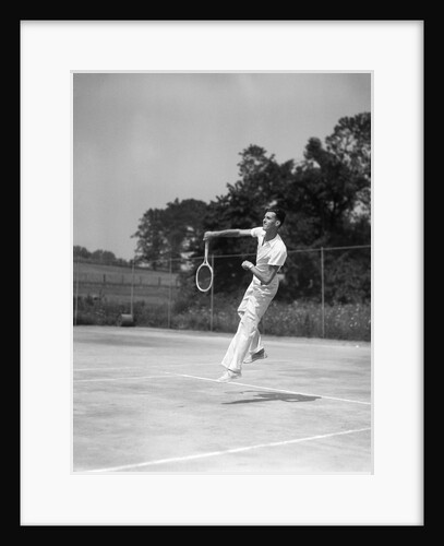1930s man playing tennis jumping mid air action by Anonymous