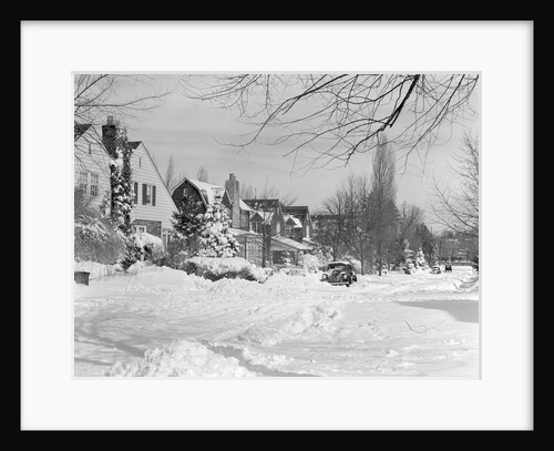 1940s suburban winter scenic street houses and cars covered in snow by Anonymous
