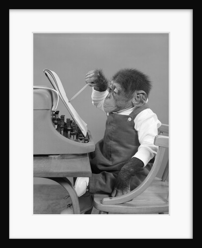 1950s chimp in overalls sitting in chair at typewriter with pencil & steno pad by Anonymous