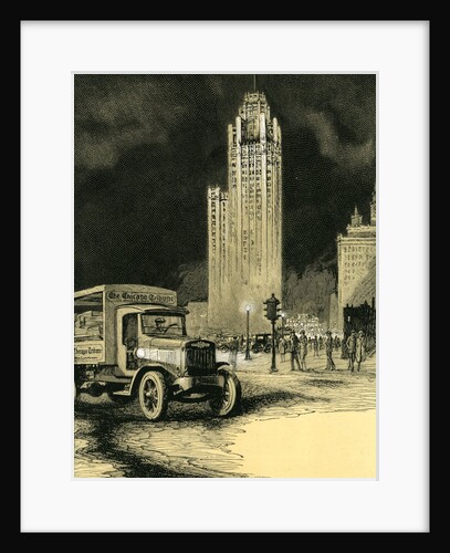 Vintage print of the Chicago Tribune building and truck delivering newspapers by Anonymous
