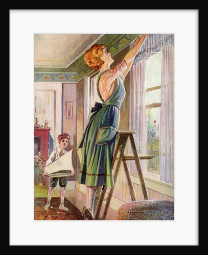 Housewife hanging curtains in her living room by Anonymous