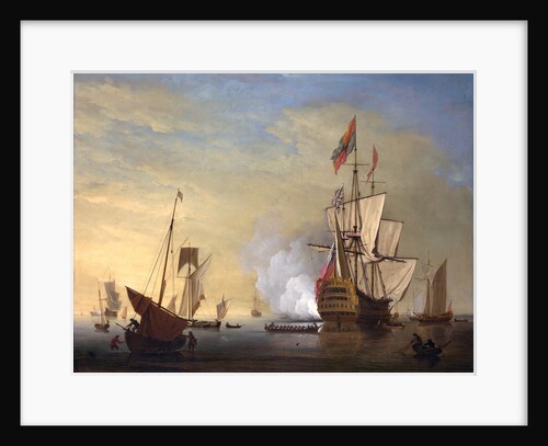 Harbor Scene: An English Ship with Sails Loosened Firing a Gun by Peter Monamy
