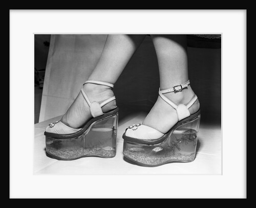 Woman wearing aquarium wedged shoes by Anonymous