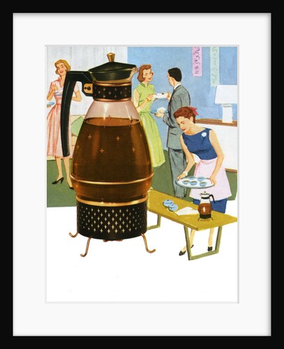 Coffee carafe and housewife serving coffee to guests by Anonymous