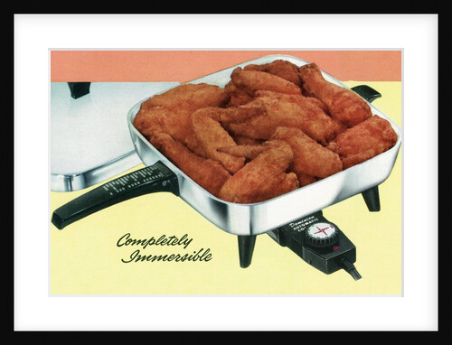 Chicken frying in vintage 1950s frying pan by Anonymous
