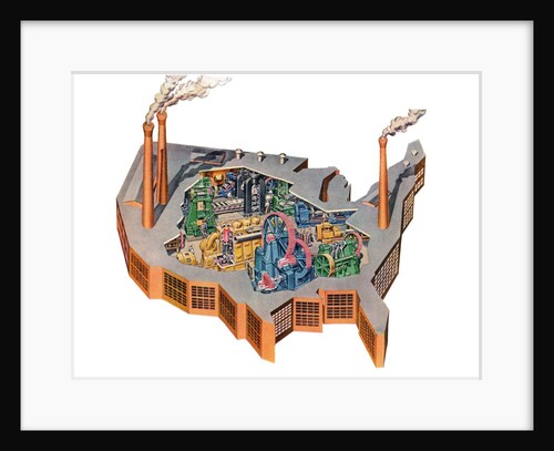 Vintage Illustration of a US Map as an Industrial Factory by Anonymous