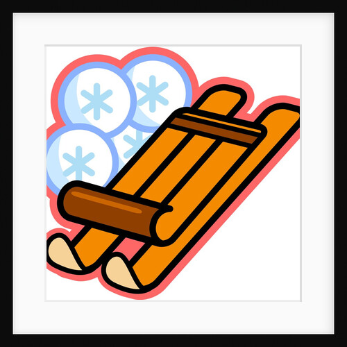Illustration of a wooden sled and snowflakes by Anonymous