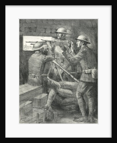 World War I soldiers manning a machine gun in a bunker by Anonymous