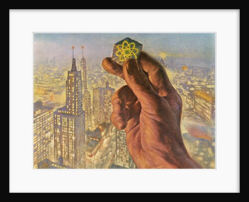 Hand Holding an Atom in Front of an Electrified City. by Anonymous