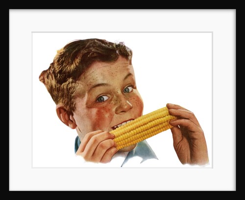 Happy Young Boy Eating Corn on the Cob. by Anonymous
