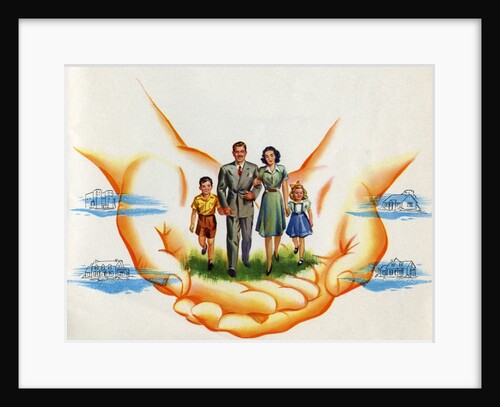 American Nuclear Family Protected by Hands.