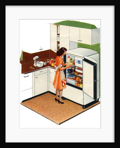 Housewife Opening Refrigerator in Kitchen of 1940s Home. by Anonymous