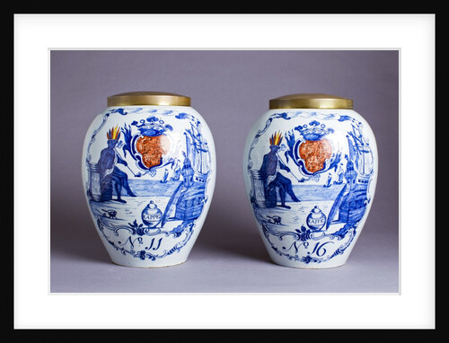 Pair of porcelain Delft blue and white tobacco jars by Anonymous