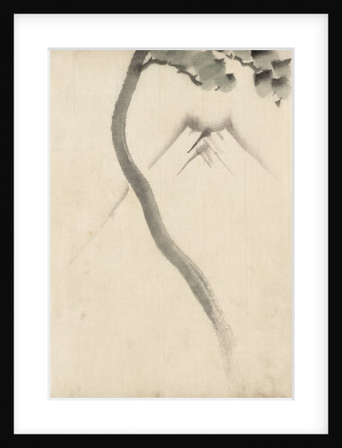 A tree trunk with branch and leaves in the foreground, with view of Mount Fuji in the background by Anonymous