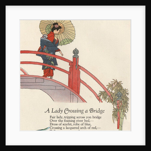 Woman in kimono crossing bridge by Anonymous