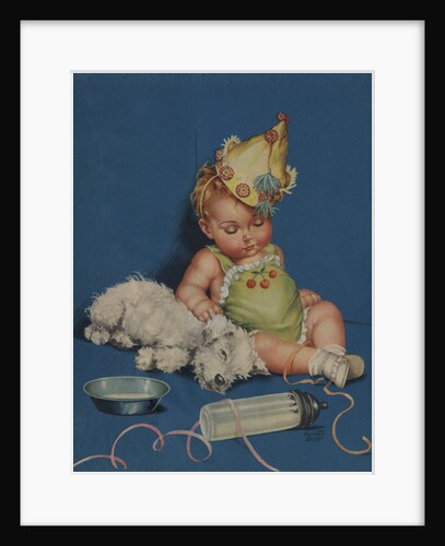 Sleeping baby in party hat with sleeping dog by Anonymous