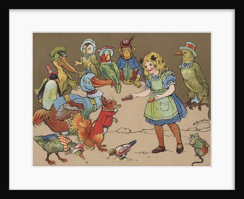 Little girl with group of animals wearing clothing by Anonymous