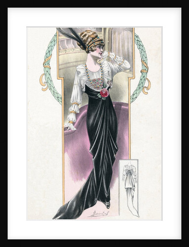 Woman modeling black and white dress and feathered hat by Anonymous