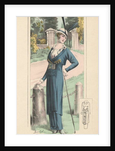Woman modeling blue dress and feathered hat by Anonymous