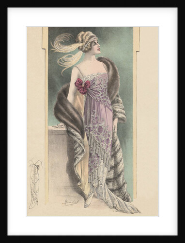 Woman modeling pink evening gown, fur stole and feathered headdress by Anonymous