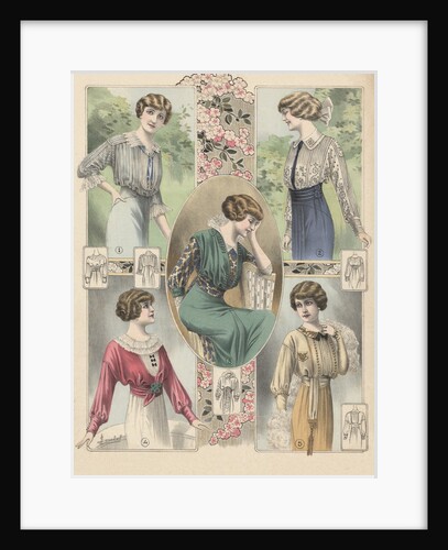 Five women modeling blouses by Anonymous