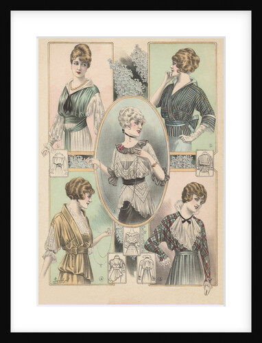 Five women modeling blouses by Anonymous