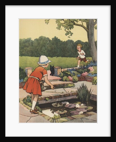 Girl feeding birds at lily pond by Anonymous