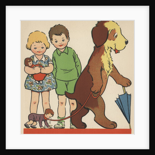 Children watching dog walking doll on leash by Anonymous