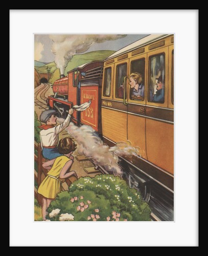 Children waving at passing train by Anonymous