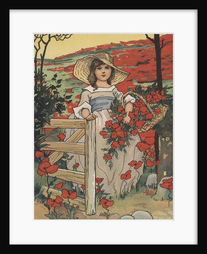 Girl carrying basket with red flowers by Anonymous