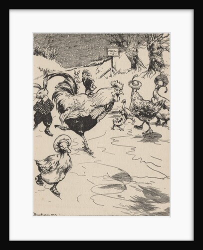 Rabbits, ducks and rooster ice skating on pond by Anonymous