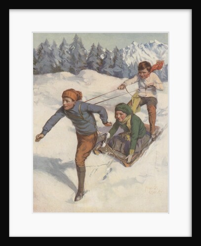 Boy pulling boy and girl on a sled by Anonymous