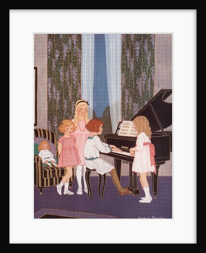 Three little girls standing at a piano while a fourth plays by Anonymous