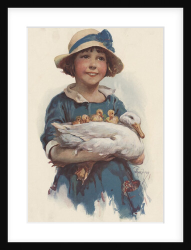 Little girl holding duck and ducklings by Anonymous