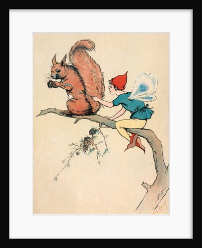 Elf and squirrel sitting on tree branch by Anonymous