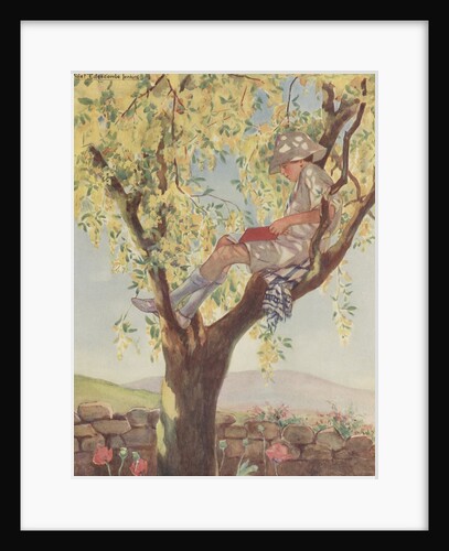 Child reading book in tree by Anonymous