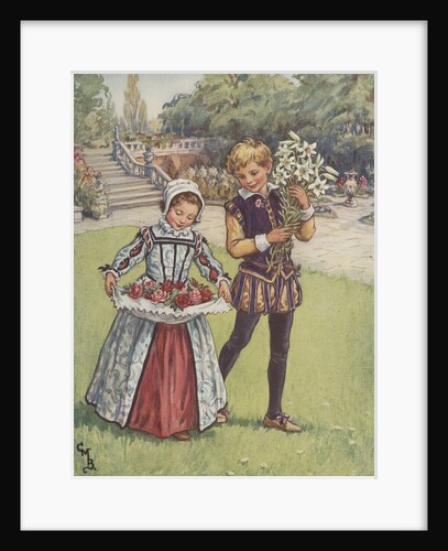 Boy and girl in Elizabethan dress carrying flowers by Anonymous