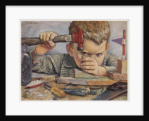 Determined looking boy hammering nail by Anonymous
