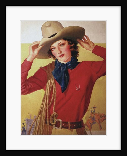Cowgirl with rope on shoulder by Anonymous