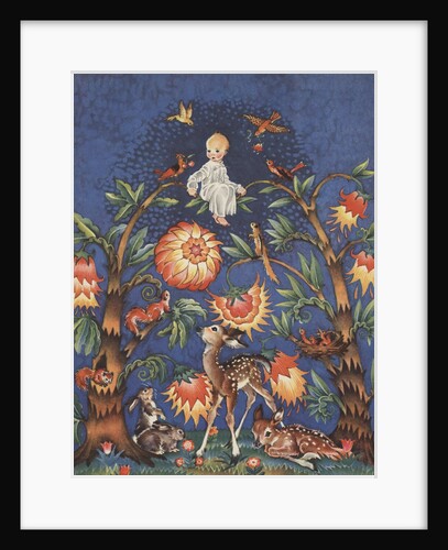 Baby sitting atop bower of trees and flowers by Anonymous
